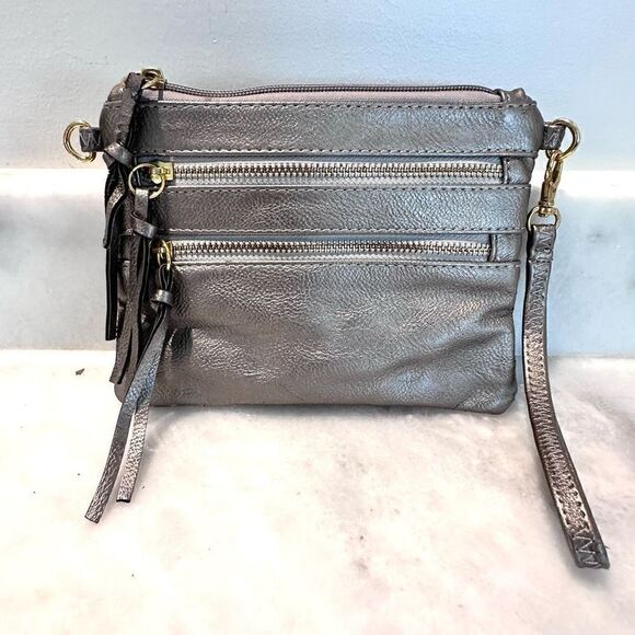 Multi Zippered Pocket Tassel Bronze Leather Clutch Wristlet Bag Small - Picture 1 of 3